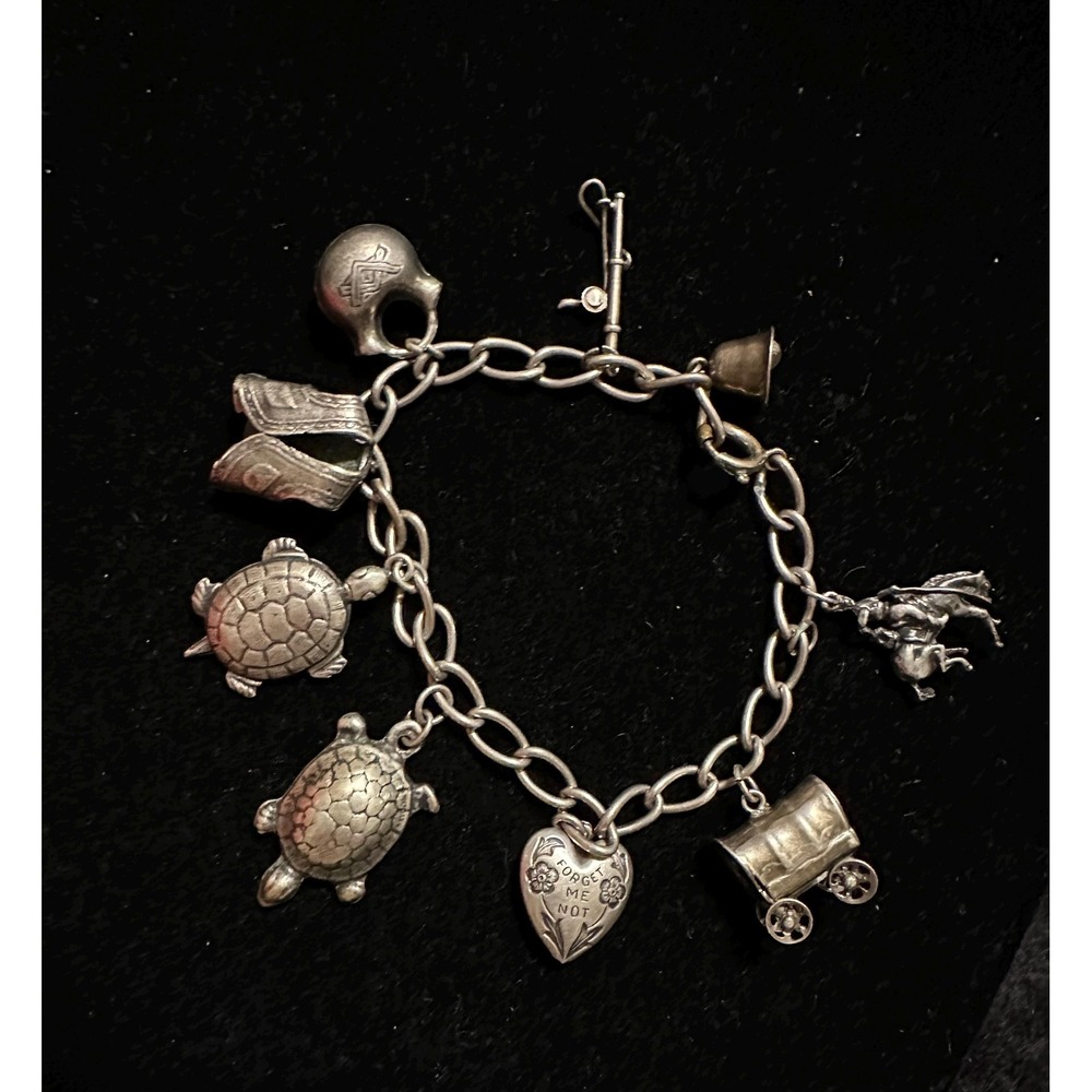 Vintage Sterling Silver Charm Bracelet: 9 Western, Animal Charms